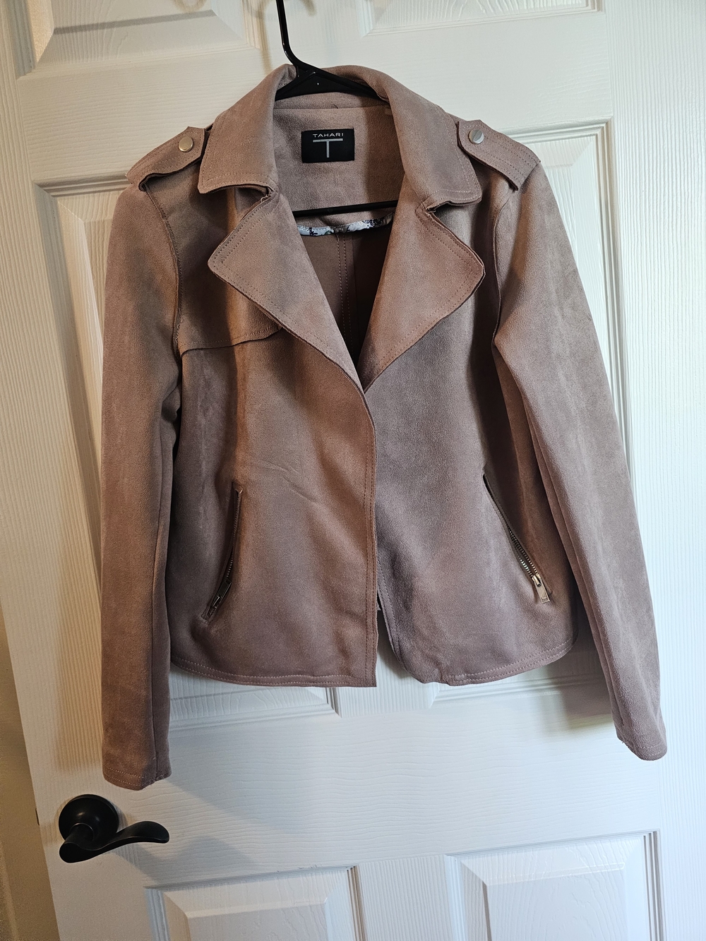 Tahari Blush Suede Moto Jacket with Zip Pockets